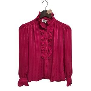 Vintage La Blouse Magenta Pink Ruffle Neck Jabot Stripe Blouse 70s Womens 6P
